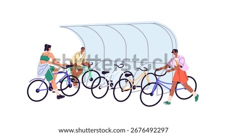 Cyclists are parking bikes on stand with canopy. Bicyclists take and leave bicycles on racks in city. People are cycling, ride and stop it on storage place. Flat isolated vector illustration on white