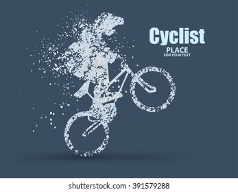 Cyclists, particle divergent composition, vector illustration.