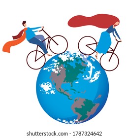 Ciclistas y planeta tierra aislados en fondo blanco como concepto de bicicletas en el mundo, viajes alrededor del mundo, ecoturismo. Ilustración de material vector plano con hombres y mujeres en bicicleta