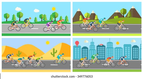 Cyclists  race on bicycles  in different landscapes, vector illustration. Group of bicycle riders on bikes on road. Street with bicycle race. Biking sport concept cartoon banners. 