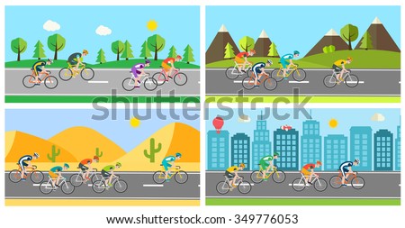 Cyclists  race on bicycles  in different landscapes, vector illustration. Group of bicycle riders on bikes on road. Street with bicycle race. Biking sport concept cartoon banners. 