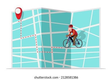 Cyclists race their bikes to their destinations in the city using the map to navigate. Bicycle athlete using maps and GPS navigation to reach his destination without getting lost. vector illustration