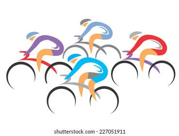 Cyclists racers. Cycling race with four bike riders.  Vector Illustration.