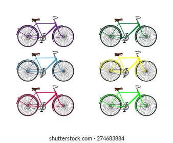 Cyclists from the recent past
vintage bicycle on an isolated background, for men and boys. Bicycle set of 6 different colors.
