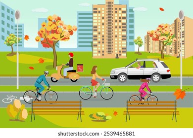 Cyclists ride along a bicycle path passing through a park, next to the road along which a car and a courier on a scooter are moving against the backdrop of an autumn city and a clear sky with clouds