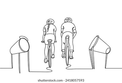 Cyclists ride along the road. There are bins for cyclists on the side of the road. Caring for ecology and the environment. Images produced without the use of any form of AI software at any stage. 