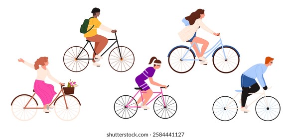 Cyclists ride bicycles set. Side view of cute active male and female biker characters cycling in race, fun activity and training of various happy young stylish people cartoon vector illustration