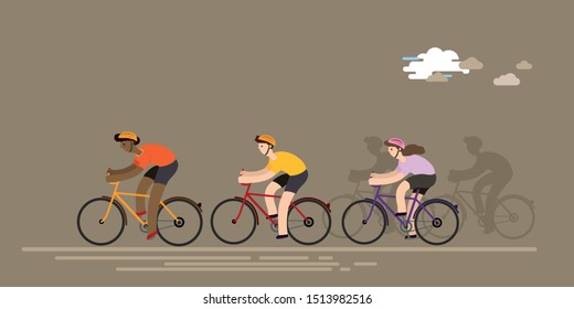 Cyclists ride on bicycle race, male and female cyclist on flat background. vector illustration poster