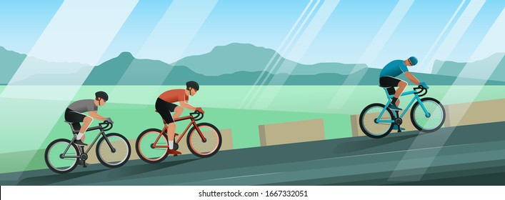 Cyclists ride uphill. Race among the mountains on a beautiful sunny day. Hilly terrain. The leader of the race looks back at the pursuers.