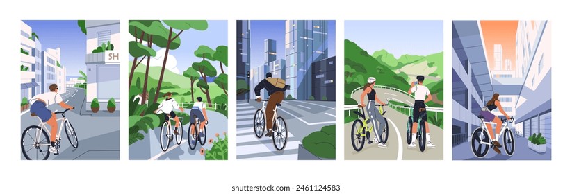 Cyclists riding bicycle in city, nature. People cycling bikes, vertical cards, posters set. Young men, women riders travel through urban and park landscapes in summer. Flat vector illustration