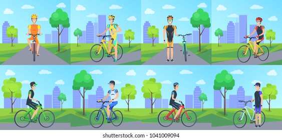 Cyclists riding bicycle in park vector poster in graphic design. Set of isolated male people leading healthy lifestyle outdoors with bikes
