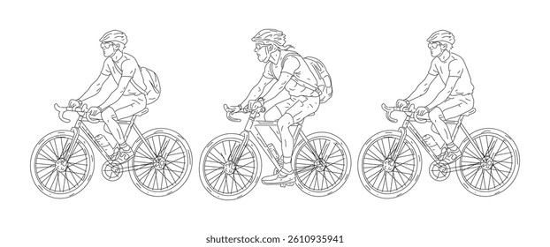 Cyclists Riding Bicycles Line Art Illustration.