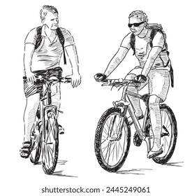 Cyclists riding bike on summer day, two young men, casual active sports city dweller, sketch, vector hand drawing isolated on white