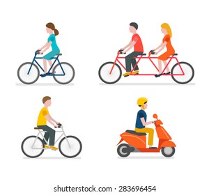 Cyclists Riding Bike Set Including Tandem Bicycle. Scooter Rider, Vector Illustration