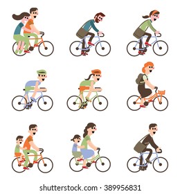 Ciclistas en bicicleta, incluida la bicicleta tándem. Jóvenes adultos que viajan en bicicleta y en pareja. Papá y los niños montan bicicletas, ilustración vectorial