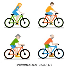 Cyclists riding bike set, vector illustration of a flat style.