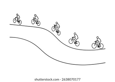 Cyclists riding bikes on winding line drawing road