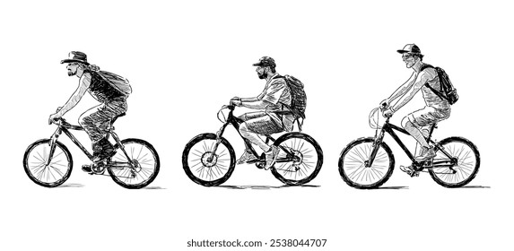 Cyclists riding bikes, three men in hats with backpacks, profile view, realistic sketch, vector hand drawings isolated on white