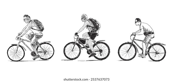 Cyclists riding bikes, three young men in sunglasses with backpacks, active sports citizens, profile view, realistic sketch, vector hand drawing isolated on white
