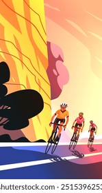 Cyclists riding on a road with a colorful abstract background mountain and sky