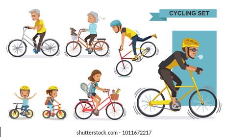 Cyclists Set. The concept of fitness and cycling differentiate each age range. Cartoon character vector illustration isolated on white background