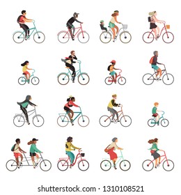 Cyclists set. Happy people riding bicycle family ride tandem bikes children woman men sports gear outdoor activity cartoon vector set