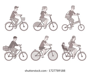 Cyclists set. Men and women ride on bikes. Happy people cycling at work isolated on white background. Concept of ecology city transportation and healthy lifestyle. Bicycle riders vector illustration