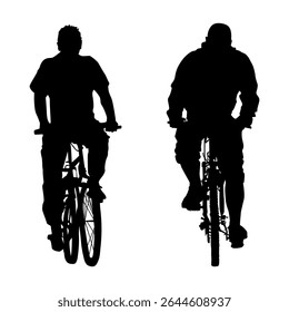 Silhueta de ciclistas sobre fundo branco. Dois ciclista andando de bicicleta vista dianteira. Amigos motociclista ao ar livre desfrutando em bicicleta driving.Urban atividades de lazer na primavera e verão.People andar bicicletas.Vetor