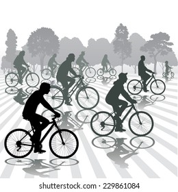 Cyclists silhouettes. Active people biking in the park. Vector illustration