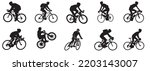 Cyclists silhouettes collection.different active people riding bikes silhouettes set