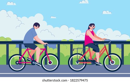 Cyclists sport people riding bicycles in public city park. Trendy radient color vector illustration