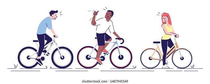 Cyclists training together flat vector illustration. Friends outdoor activities. Students, neighbors riding bicycles isolated cartoon characters with outline elements on white background
