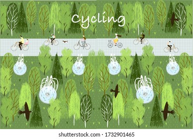 
Cyclists Vector illustration with a park of cyclists, trees, fountains for the background, print, postcards, banner, book illustration.