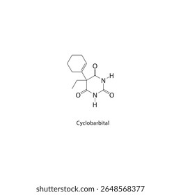Estrutura esquelética ciclobarbital. Ilustração esquemática de composto derivado de barbitúrico. Diagrama simples, fórmula química.