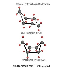 cyclohexane 3d molecule isolated on white background. chair and boat form of cyclohexane. vector illustration, 
conformation of cyclohexane