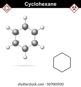 Cyclohexane chemical formula and molecular structure, organic reagent, cycloalkanes family,  3d vector illsutration, isolated on white background, eps 10