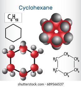 Cyclohexane molecule - structural chemical formula and model. Vector illustration