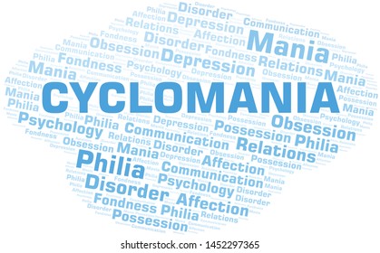 Cyclomania word cloud. Type of mania, made with text only.