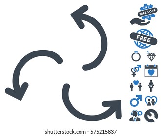 Cyclone Arrows icon with bonus decoration graphic icons. Vector illustration style is flat rounded iconic smooth blue symbols on white background.