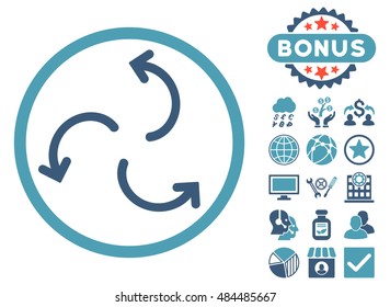 Cyclone Arrows icon with bonus design elements. Vector illustration style is flat iconic bicolor symbols, cyan and blue colors, white background.