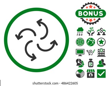 Cyclone Arrows icon with bonus elements. Vector illustration style is flat iconic bicolor symbols, green and gray colors, white background.