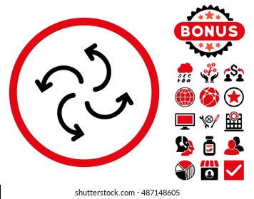 Cyclone Arrows icon with bonus pictures. Vector illustration style is flat iconic bicolor symbols, intensive red and black colors, white background.