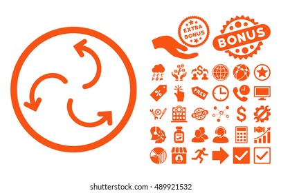 Cyclone Arrows icon with bonus icon set. Vector illustration style is flat iconic symbols, orange color, white background.