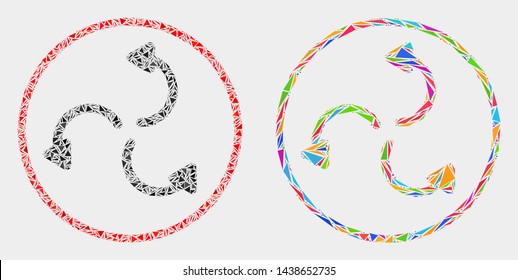Cyclone arrows mosaic icon of triangle items which have variable sizes and shapes and colors. Geometric abstract vector design concept of cyclone arrows.