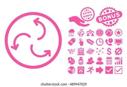 Cyclone Arrows pictograph with bonus pictograph collection. Vector illustration style is flat iconic symbols, pink color, white background.