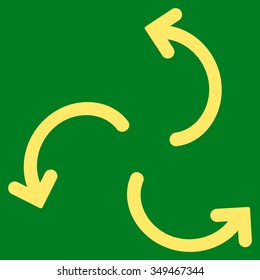 Cyclone Arrows vector icon. Style is flat symbol, yellow color, rounded angles, green background.
