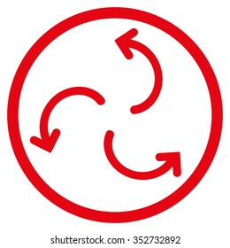 Cyclone Arrows vector icon. Style is flat circled symbol, red color, rounded angles, white background.