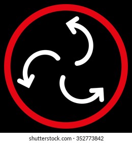 Cyclone Arrows vector icon. Style is bicolor flat circled symbol, red and white colors, rounded angles, black background.
