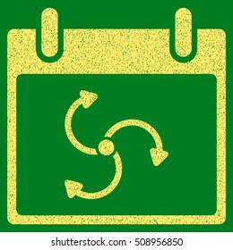 Cyclone Calendar Day grainy textured icon for overlay watermark stamps. Flat symbol with dirty texture. Dotted vector yellow ink rubber seal stamp with grunge design on a green background.
