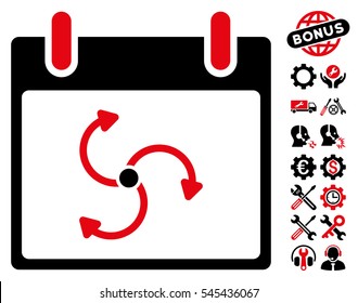 Cyclone Calendar Day icon with bonus service pictures. Vector illustration style is flat iconic symbols, intensive red and black, white background.